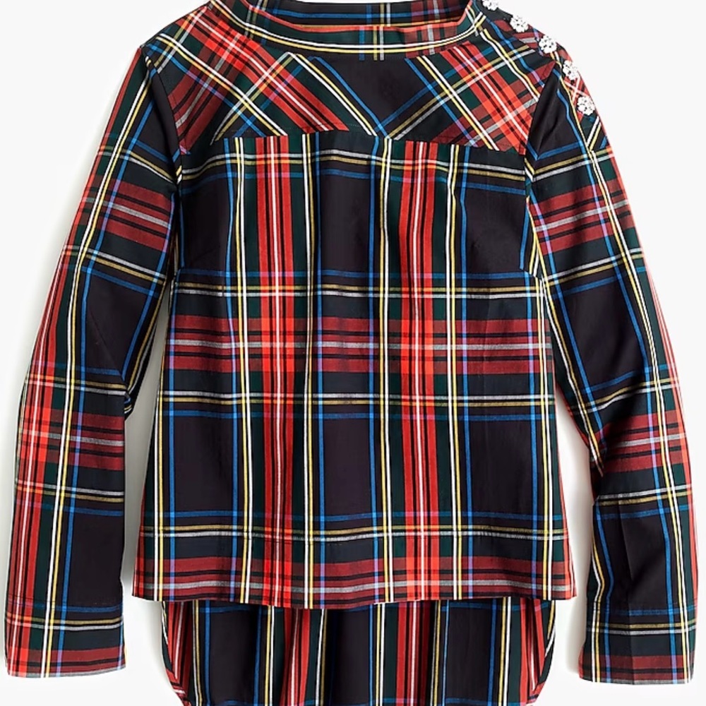 SOLD NWT J. Crew funnel neck Stewart tartan with button jewels